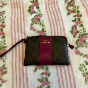 Coach Brown Signature Wristlet with Magenta Center Stripe